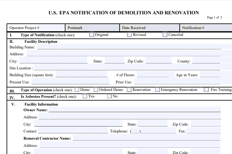 U.S. EPA NOTIFICATION OF DEMOLITION AND RENOVATION 