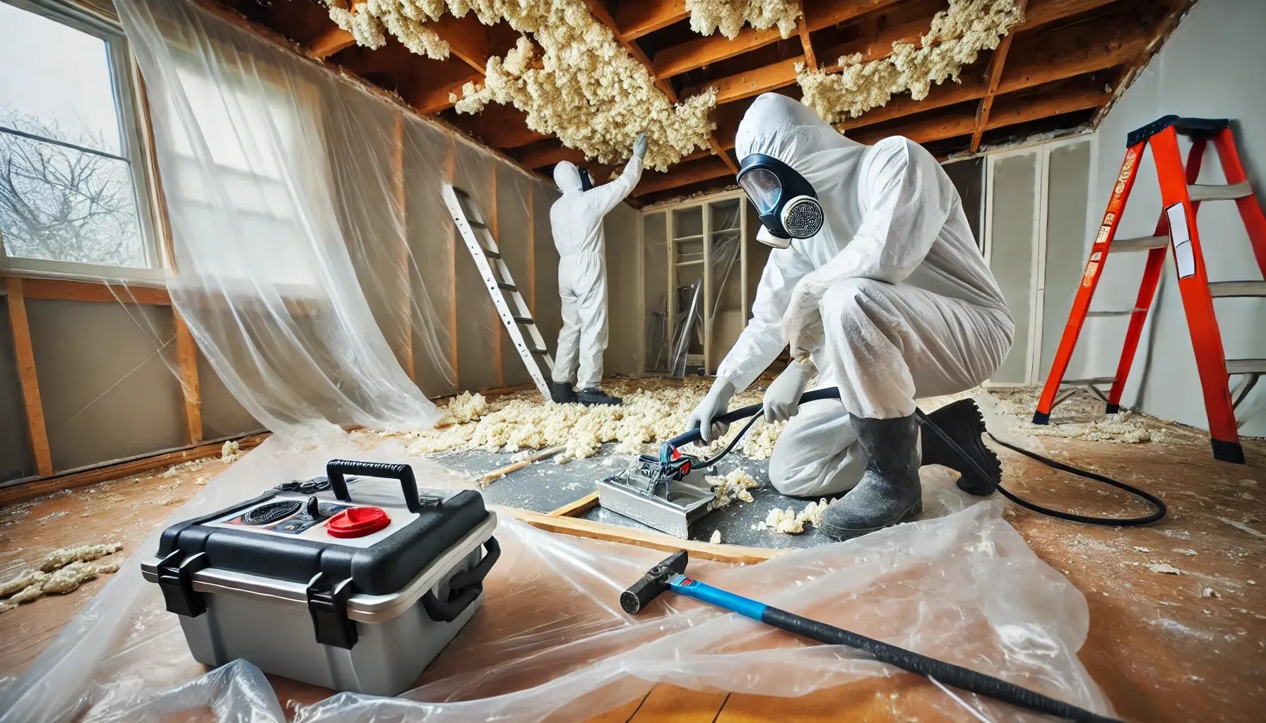 Asbestos Professionals Working On Accidentally Removed Popcorn Ceiling