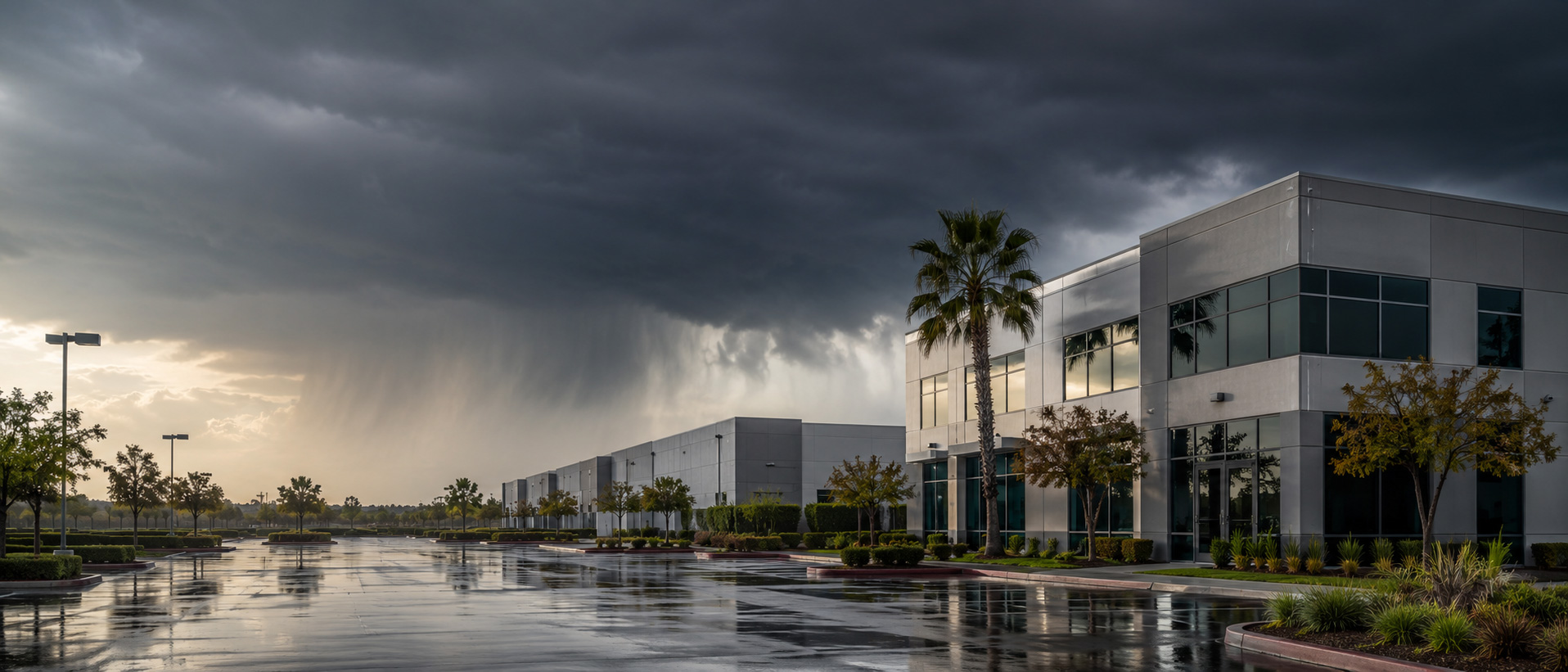 Commercial property inspection after rainfall during El Niño storm preparation